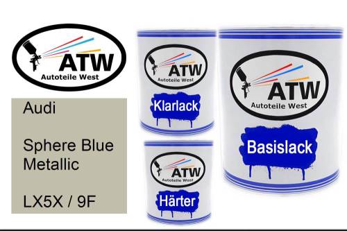 Audi, Sphere Blue Metallic, LX5X / 9F: 1L Lackdose + 1L Klarlack + 500ml Härter - Set, von ATW Autoteile West.